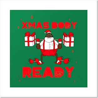 “Xmas Body Ready” Weight Lifting Black Santa Posters and Art